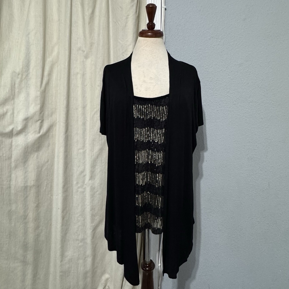 LAVISH Women Black Short Sleeve Open-Front Cardigan Silver Sequined Inner Top XL